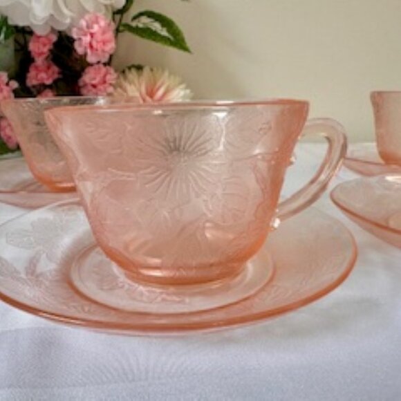 Macbeth-Evans Dogwood Pink Depression Glass Teacups and Saucers‎ Set Vintage - Picture 2 of 6